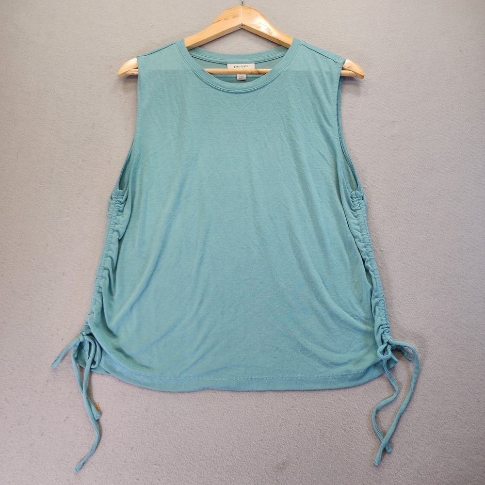 On 34th Teal Blue Ruched Side Drawstring Sleeveless Tank Top Knit Shirt Womens L